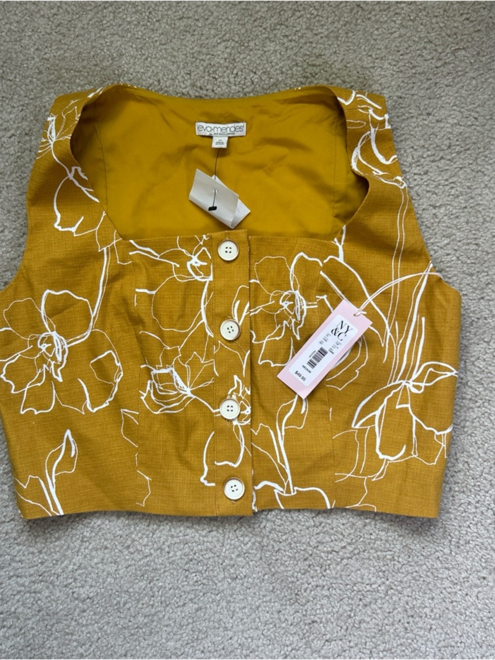 New York & Company Eva Mendes Mustard Yellow Floral Button Crop Top